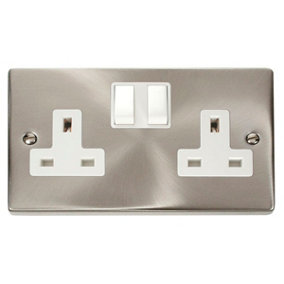 Satin / Brushed Chrome 2 Gang 13A Twin Double Switched Plug Socket - White Trim - SE Home