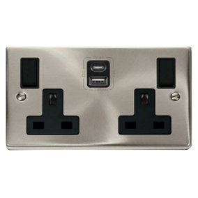 Satin / Brushed Chrome 2 Gang 13A Type A & C USB Twin Double Switched Plug Socket - Black Trim - SE Home
