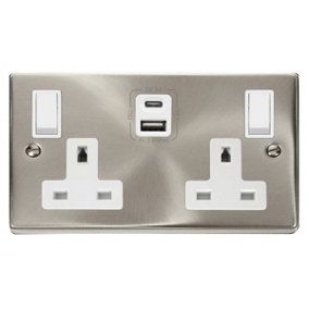 Satin / Brushed Chrome 2 Gang 13A Type A & C USB Twin Double Switched Plug Socket - White Trim - SE Home