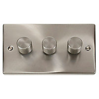 Satin / Brushed Chrome 3 Gang 2 Way LED 100W Trailing Edge Dimmer Light Switch - SE Home