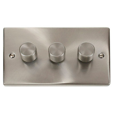 Satin / Brushed Chrome 3 Gang 2 Way LED 100W Trailing Edge Dimmer Light Switch - SE Home