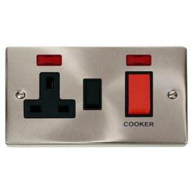 Satin / Brushed Chrome Cooker Control 45A With 13A Switched Plug Socket & 2 Neons - Black Trim - SE Home