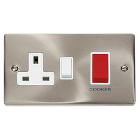Satin / Brushed Chrome Cooker Control 45A With 13A Switched Plug Socket - White Trim - SE Home