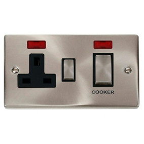 Satin / Brushed Chrome Cooker Control Ingot 45A With 13A Switched Plug Socket & 2 Neons - Black Trim - SE Home