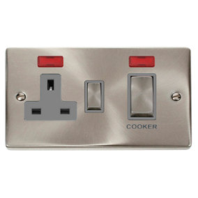 Satin / Brushed Chrome Cooker Control Ingot 45A With 13A Switched Plug Socket & 2 Neons - Grey Trim - SE Home