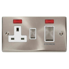 Satin / Brushed Chrome Cooker Control Ingot 45A With 13A Switched Plug Socket & 2 Neons - White Trim - SE Home