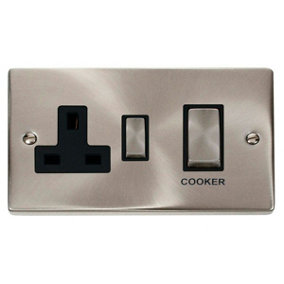 Satin / Brushed Chrome Cooker Control Ingot 45A With 13A Switched Plug Socket - Black Trim - SE Home