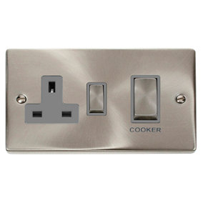 Satin / Brushed Chrome Cooker Control Ingot 45A With 13A Switched Plug Socket - Grey Trim - SE Home
