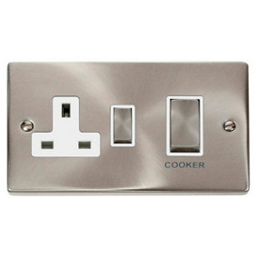Satin / Brushed Chrome Cooker Control Ingot 45A With 13A Switched Plug Socket - White Trim - SE Home