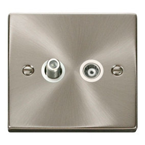 Satin / Brushed Chrome Satellite And Isolated Coaxial 1 Gang Socket - White Trim - SE Home