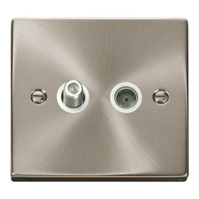 Satin / Brushed Chrome Satellite & Coaxial Socket 1 Gang - White Trim - SE Home
