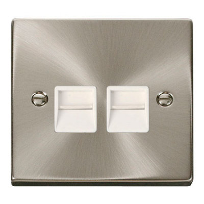 Satin / Brushed Chrome Secondary Telephone Twin Socket - White Trim - SE Home