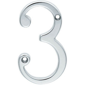 Satin Chrome Door Number 3 - 75mm Height 4mm Depth House Numeral Plaque
