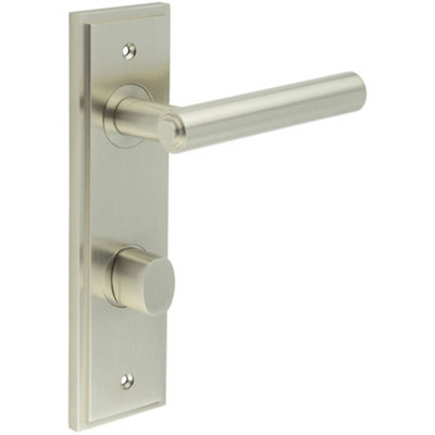 Satin Nickel Bathroom Door Handle Backplate and Turn Release - Solid Brass Interior Lever