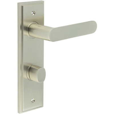 Satin Nickel Bathroom Door Handle with Backplate and Turn & Release Mechanism - Solid Brass Interior Handle