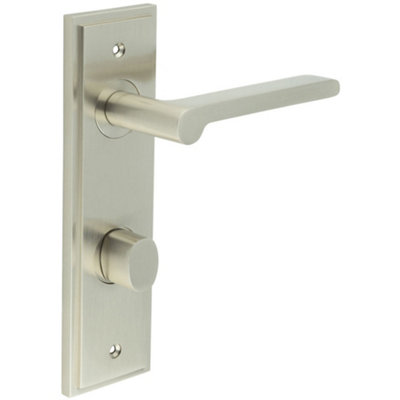 Satin Nickel Bathroom Door Handle with Backplate and Turn & Release Mechanism - Solid Brass Internal Handle