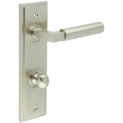 Satin Nickel Bathroom Door Handle with Backplate and Turn Release Mechanism - Solid Brass Toilet Interior Handle