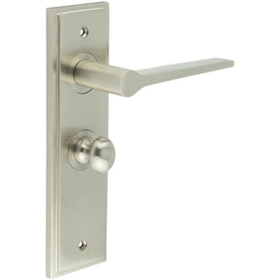 Satin Nickel Bathroom Door Handle with Backplate and Turn Release Mechanism - Solid Brass WC Interior Handle