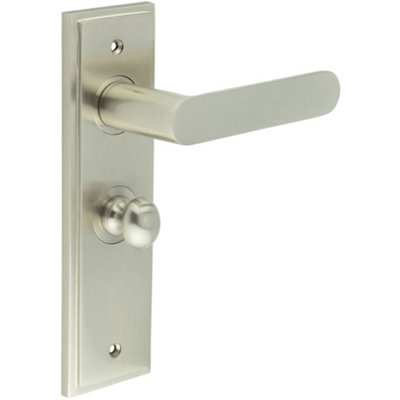 Satin Nickel Bathroom Door Handle with Backplate and Turn Release Solid Brass Handle