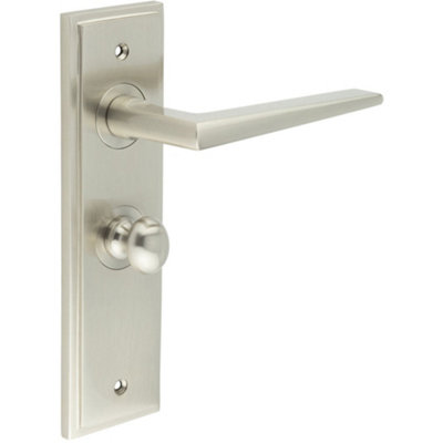 Satin Nickel Bathroom Door Handle with Backplate and Turn Release Solid Brass Interior Handle