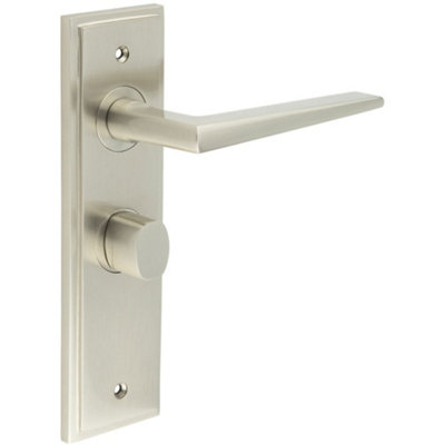 Satin Nickel Bathroom Door Handle with Backplate and Turn Release Solid Brass - Interior Handle