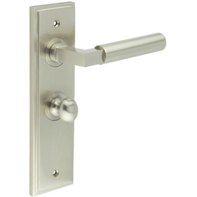 Satin Nickel Bathroom Door Handle with Backplate and Turn Release - Solid Brass Interior Toilet Handle