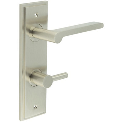 Satin Nickel Bathroom Door Handle with Backplate and Turn Release - Solid Brass Internal Handle