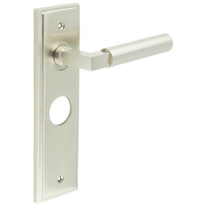 Satin Nickel Bathroom Door Handle with Backplate for Modern Homes - Solid Brass Interior Lever