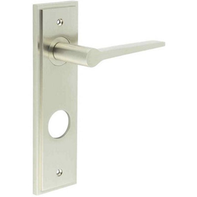 Satin Nickel Bathroom Door Handle with Backplate - Modern Brass Lever Design - Solid Brass Interior Handle