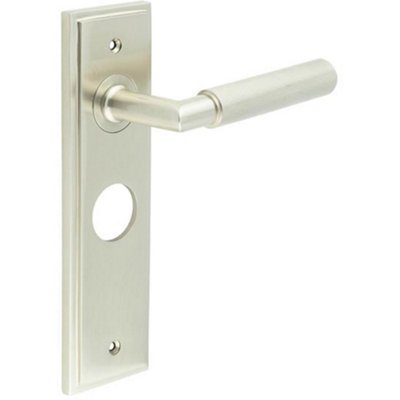 Satin Nickel Bathroom Door Handle with Luxury Backplate - Solid Brass Interior Handle