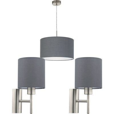 Satin Nickel Ceiling Pendant Light with 2 Matching Wall Sconces - Modern Grey Fabric Shade