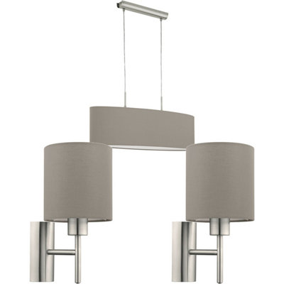 Satin Nickel Ceiling Pendant Light with Two Matching Wall Sconces in Taupe Fabric