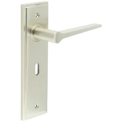 Satin Nickel Door Handle Lock Backplate - Modern Brass Lever Design - Solid Brass Interior Handle