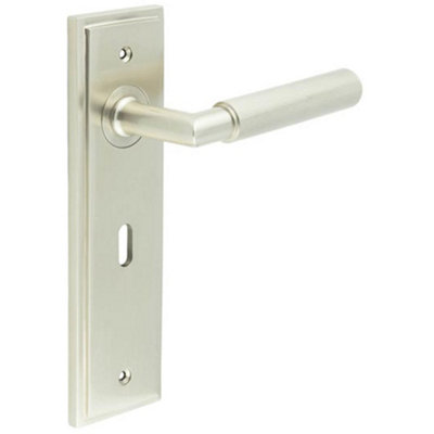 Satin Nickel Door Handle Lock Backplate with Luxury Design - Solid Brass Interior Handle