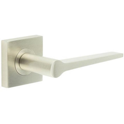 Satin Nickel Door Handle on Square Rose - Solid Brass - Solid Brass Interior Handle