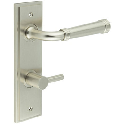 Satin Nickel Door Handle with Backplate and Turn Release for Bathrooms - Solid Brass Interior Handle