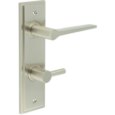 Satin Nickel Door Handle with Backplate and Turn Release for Bathrooms - Solid Brass WC Interior Handle