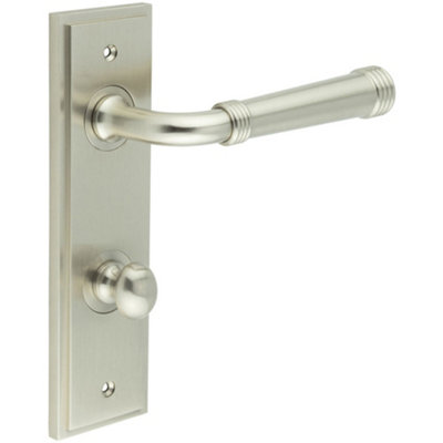 Satin Nickel Door Handle with Backplate for Bathrooms - Elegant and Durable Design - Solid Brass Interior Handle