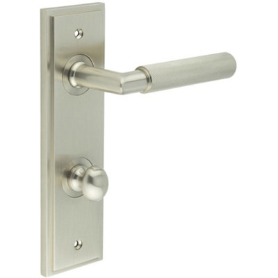 Satin Nickel Door Handle with Bathroom Backplate and Turn & Release Mechanism - Solid Brass Interior Handle