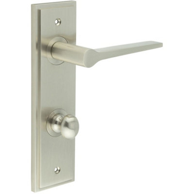 Satin Nickel Door Handle with Bathroom Backplate - Elegant Design & Versatile Functionality - Solid Brass Interior Handle