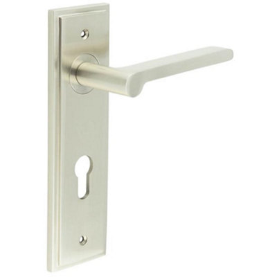Satin Nickel Door Handle with Euro Backplate - Elegant Brass Lever - Solid Brass Interior Handle