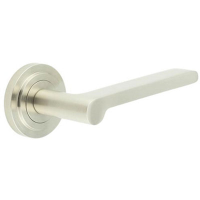 Satin Nickel Door Handle with Stepped Rose Design - Solid Brass Interior Handle