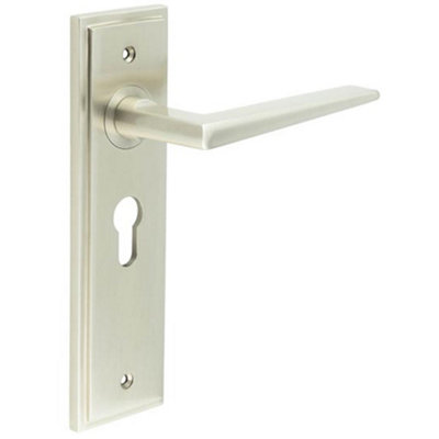 Satin Nickel Euro Lock Door Handle with Backplate - Elegant & Durable Design - Solid Brass Interior Handle
