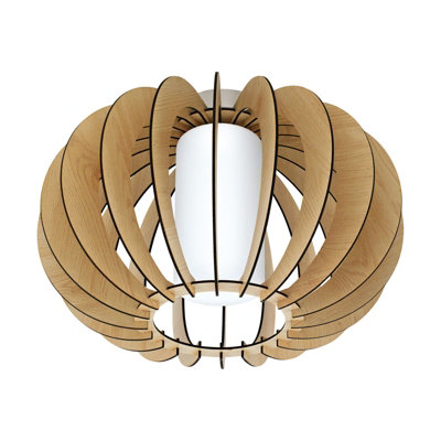 Satin Nickel Flush Ceiling Light with Maple White Wood and Glass Shade - E27 Bulb Compatible