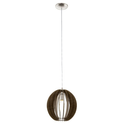 Satin Nickel Pendant Ceiling Light with Brown Wood Shade - E27 Bulb Compatible