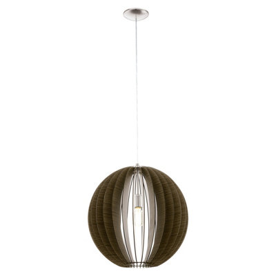 Satin Nickel Pendant Ceiling Light with Brown Wood Shade - E27 Bulb Compatible