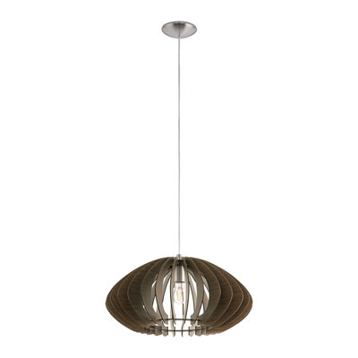 Satin Nickel Pendant Ceiling Light with Dark Brown Wood Shade - E27 Bulb Compatible