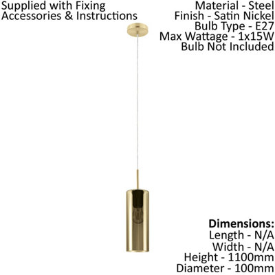 Satin Nickel Pendant Ceiling Light with Gold Glass Shade - E27 15W Adjustable Height