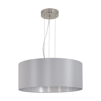 Satin Nickel Pendant Ceiling Light with Grey Silver Fabric Shade