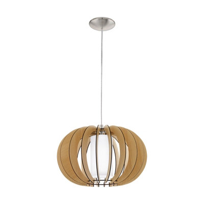 Satin Nickel Pendant Ceiling Light with Maple White Wood and Glass Shade - E27 Bulb Required